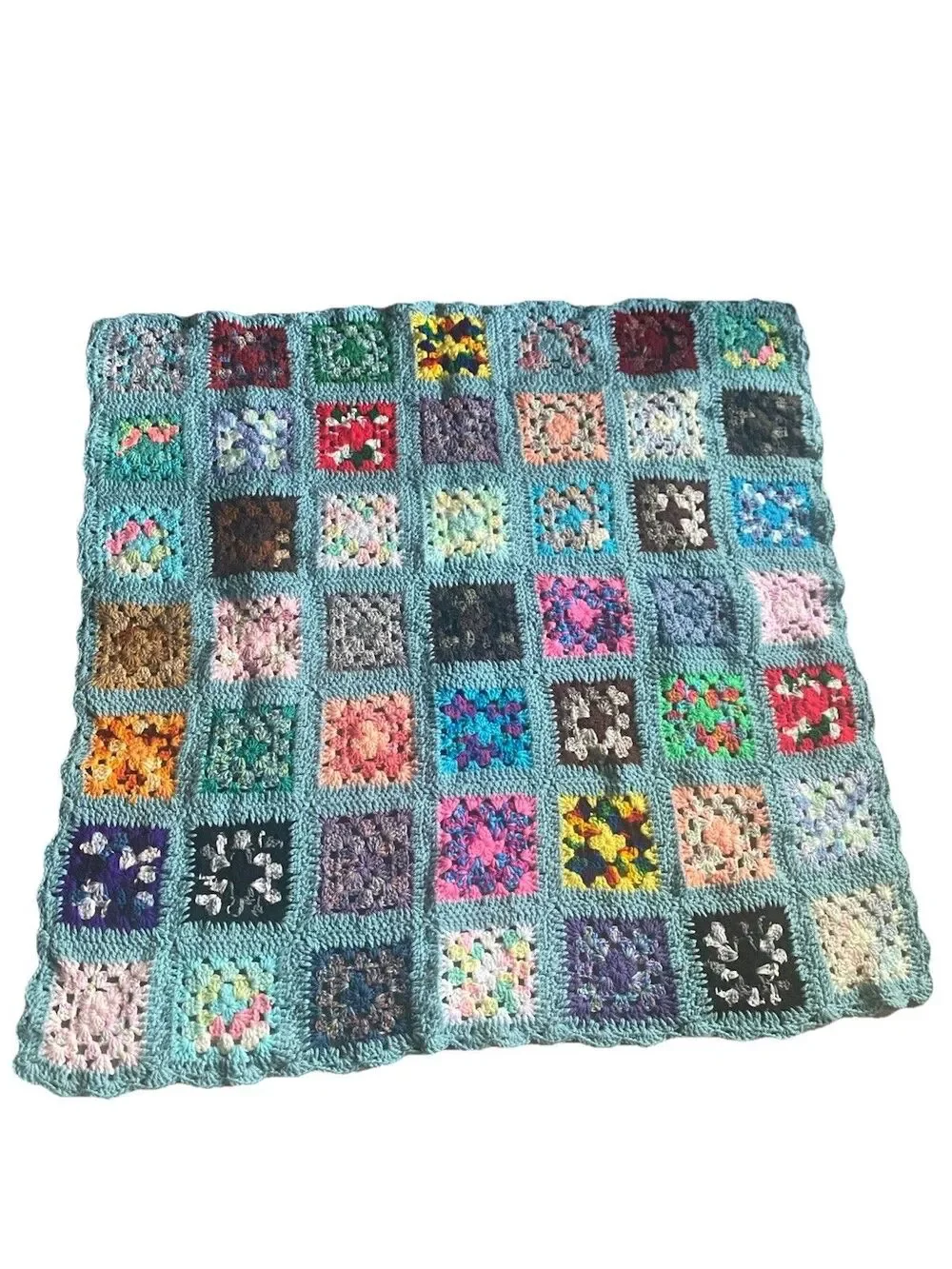 Vtg Afghan Grannycore pre Square Multicolored Handmade “41 x 41” Teal Blue/Green